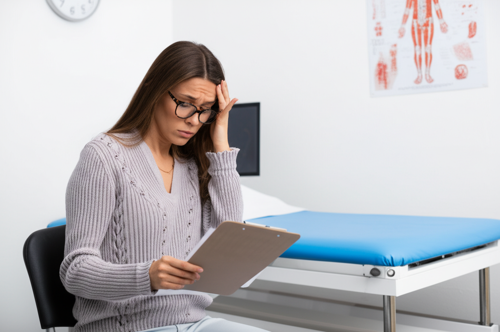 Mulher preocupada lendo exames médicos