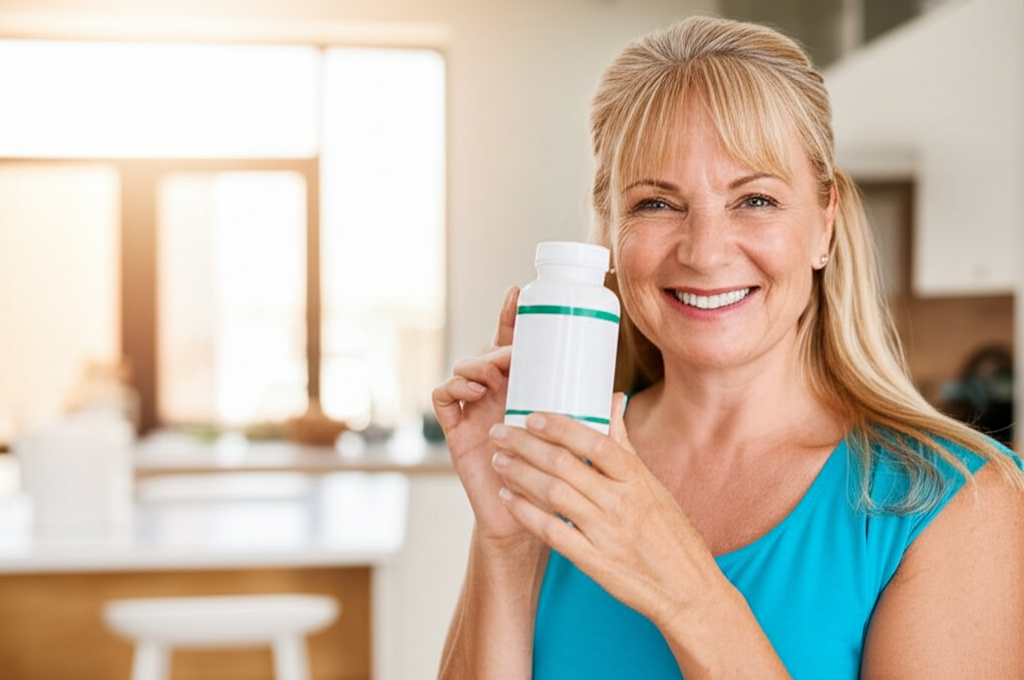 Mulher saudável segurando frasco de Glycoglipron